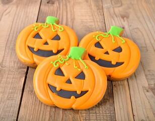 Pumpkin-shaped Halloween cookies with orange icing and spooky faces on wooden background, fun festive treat.
