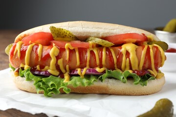 Tasty hot dog with vegetables, mustard and ketchup on table, closeup