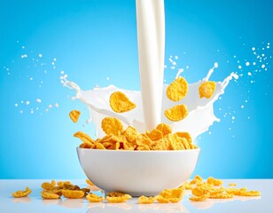 Milk pouring into a bowl of cornflakes with splash effect on blue background, vibrant and energetic breakfast scene.
