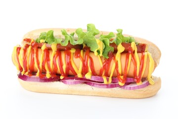 Tasty hot dog with vegetables, mustard and ketchup isolated on white