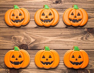Pumpkin-shaped Halloween cookies with orange icing and spooky faces on wooden background, fun festive treat.
