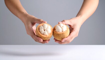 Hands Presenting Half-Cut Santol Fruits with Minimalist Aesthetic Appeal