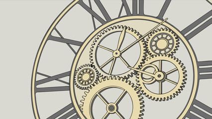 Illustration of a clock face with roman numerals and visible gears and clock hands in motion design