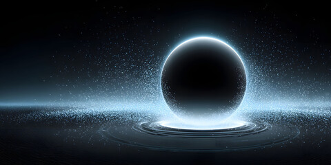 Fototapeta premium Abstract Dark Background with Glowing Black Sphere and Blue Particles