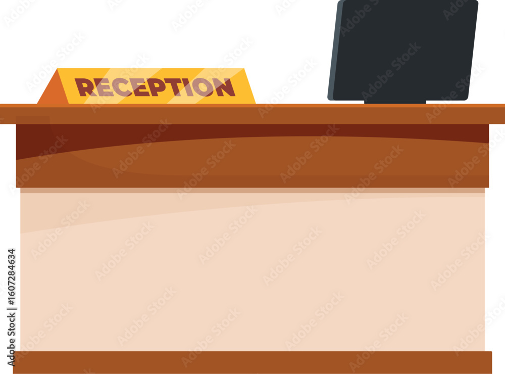 Poster wooden reception desk with computer monitor and reception sign showing check in area in hotel lobby