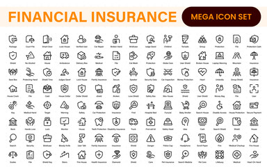 Financial insurance icon collection &ndash; thin line editable stroke set. Essential symbols for Car, Life, Medical, Property, Travel, and Financial insurance. Clean, modern design.