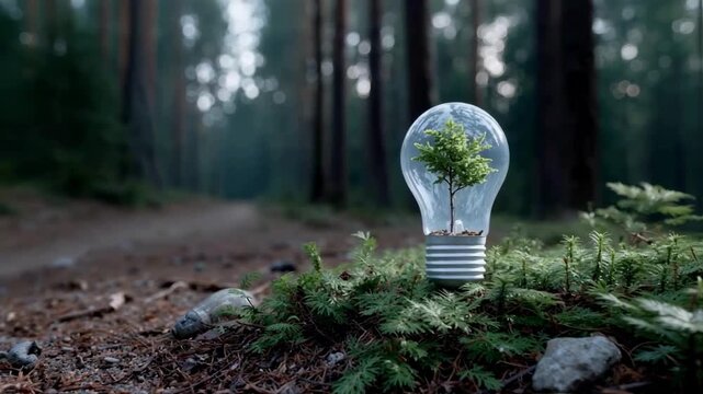 A small tree growing inside a light bulb placed in a natural forest setting, symbolizing green energy, sustainability, eco-innovation and concepts of nature conservation