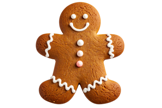 Classic Gingerbread Man Cookie with White Icing, isolated on transparent background