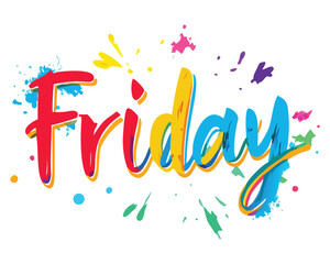 Colorful friday illustration for greeting cards and social media posts with bright paint splashes, Friday text design