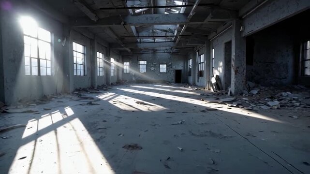 Interior of a large abandoned factory with dramatic sunbeams shining through windows onto a dusty floor, representing urban decay, loss and post-apocalyptic concepts