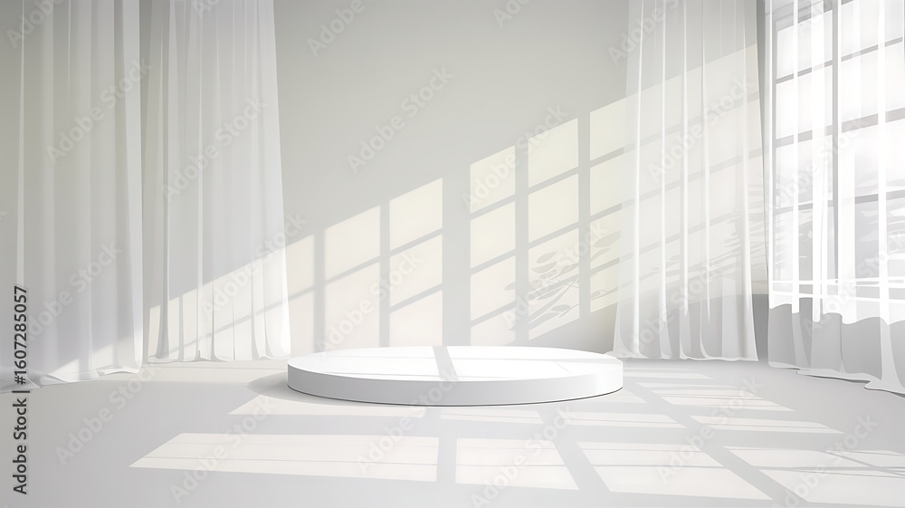 Poster minimalist studio showcase with natural light and sheer curtains creating a bright and airy display 