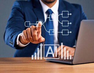 Businessman Using AI to Manage Business Workflow and Analyze Financial Data , A virtual robot automation system is powered by an advanced software with a complex algorithm.