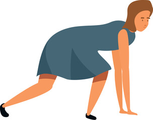 Businesswoman crouching in starting blocks, poised for a quick start in a business competition