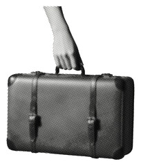 hand holding travel suitcase isolated retro halftone cut-out collage element vintage dots texture for mixed media design journey tourism relocation concepts
