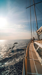 Wide-angle side view of a sleek white sailing yacht gliding on deep blue ocean with dolphins leaping nearby.
