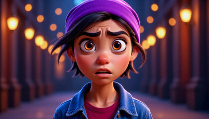 An animated girl with a surprised expression, wearing a purple hat and a blue jacket, stands on a street with warmly lit columns.