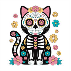 Day of the Dead Cat Illustration in Sugar Skull Style,Colorful Mexican Cat Art with Floral Decorations,Sugar Skull Black Cat Vector for Day of the Dead,Decorative Cat in Mexican Folk Art Style