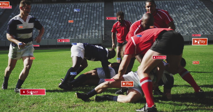 Colliding rugby players competing on stadium pitch, with rugby ball uniforms cleats overlay icons