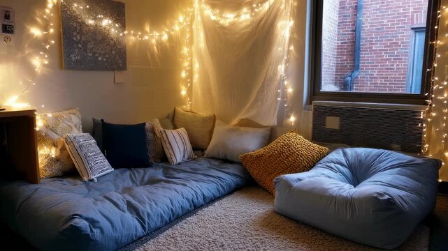 A serene college dorm setup adorned with twinkling fairy lights perfect for a chill lofi music session. Floor cushions and string lights complement the minimalist decor emphasizing