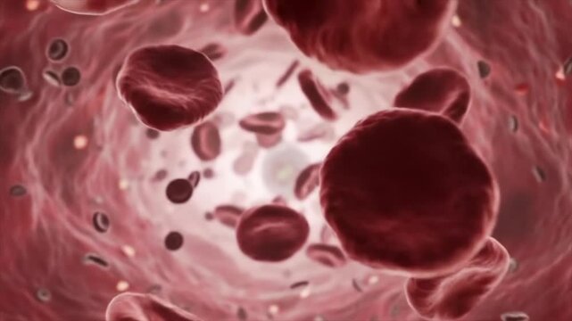 3D animation of red blood cells, white cells, and platelets in a bloodstream.