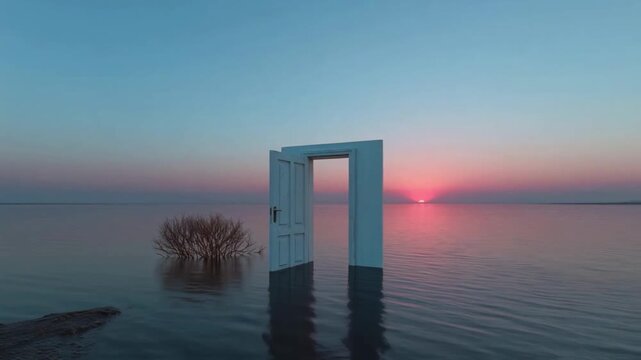 A surreal scene of an open door standing in the water at sunset, symbolizing opportunity, new beginnings, escape and the concept of entering the unknown