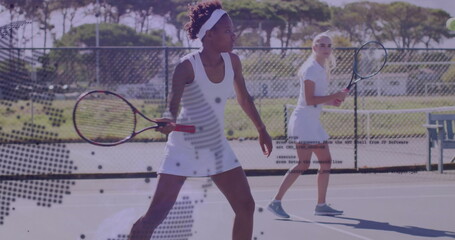 Standing tennis player wearing white dress holding racket on court near net, with world-map overlay