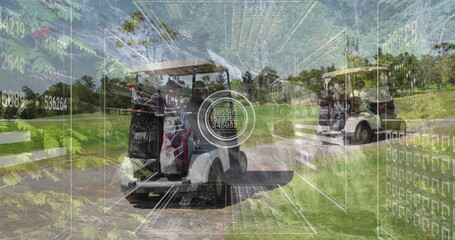 Driving white golf cart carrying bags and clubs on gravel path through golf course, AR overlay
