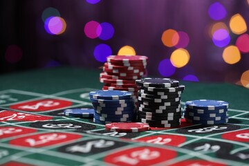 Casino chips on roulette table against blurred lights, closeup