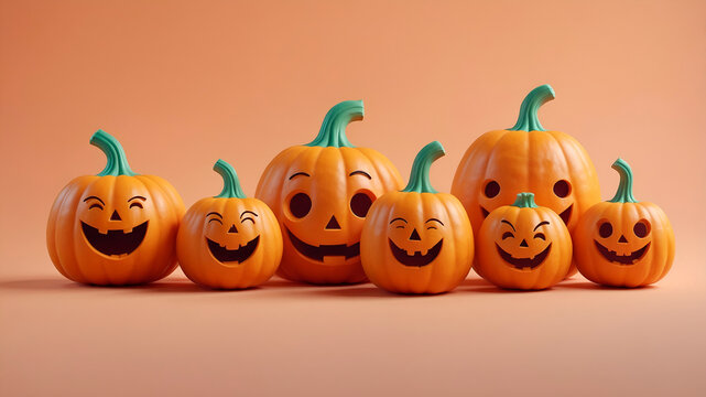 A group of kawaii 3D pumpkins with various cheerful expressions. Minimalist layout and pastel tones create a lighthearted Halloween visual, ideal for children's content or seasonal design.