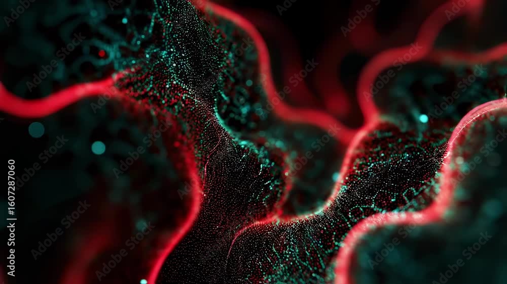 Poster complex network of interconnected dots and lines glowing red and teal against a dark background, cre