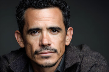 Obraz premium Close Up Portrait of a Man with Dark Hair and Mustache Against a Dark Background