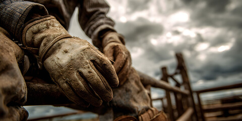 Close up of Dirty Work Gloves on a Fence under Cloudy Sky