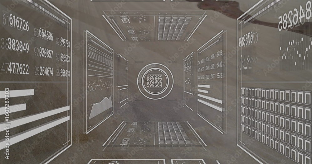 Poster floating holographic panels and central circular readout in virtual corridor, with data graphs
