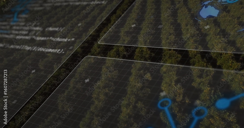Aufkleber overlaying data panels monitoring orchard rows at crop field, with grid map outline code node icons