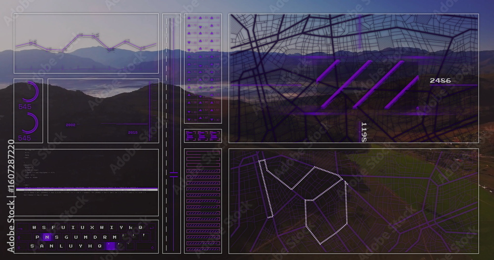 Poster overlaying interface panels over mountain valley lake, showing graphs, dials, code text and map