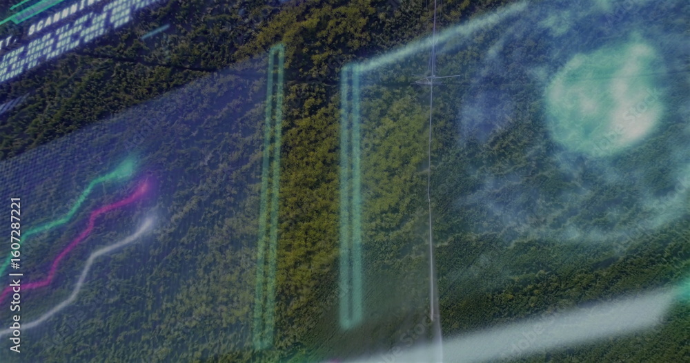 Poster showing digital overlay floating above forest canopy with panels, charts, hud and alphanumeric text