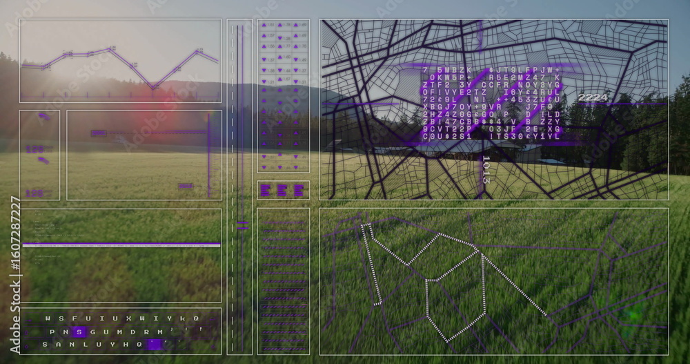Poster displaying digital data overlaying grassland, with line chart, map grid and data columns