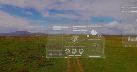 Displaying HUD panels floating over grassland, showing world map, charts, gauges, toolbar icons