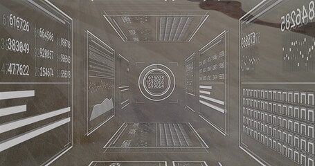 Floating holographic panels and central circular readout in virtual corridor, with data graphs