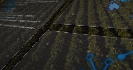 Overlaying data panels monitoring orchard rows at crop field, with grid map outline code node icons