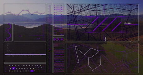 Overlaying interface panels over mountain valley lake, showing graphs, dials, code text and map