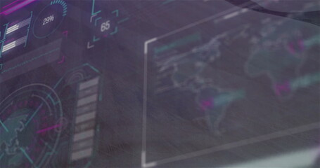 Displaying digital interface in control console, with circular gauge, bar charts, numeric readouts