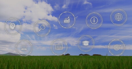 Floating nine outline icons depicting education and analytics hovering above rural crop field, tech © vectorfusionart