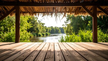 Idyllic river view from a rustic wooden gazebo, capturing the essence of summer serenity and