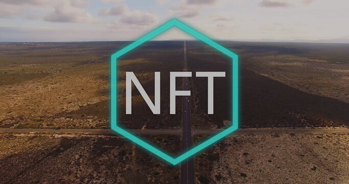 Floating teal glowing hexagon displaying NFT text above desert highway, with sparse shrubs - Powered by Adobe