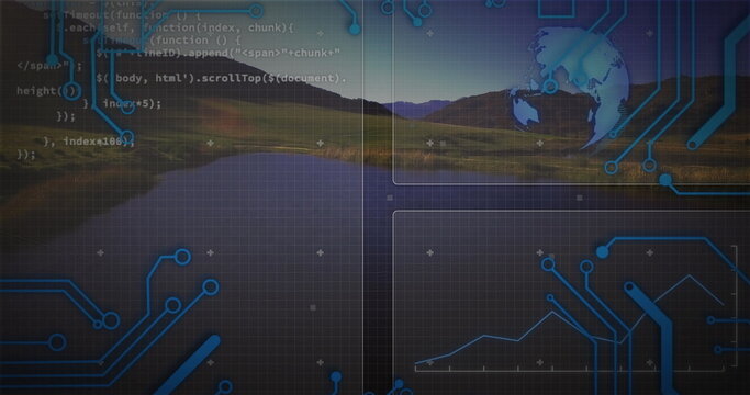 Displaying mountain lake at lakeside dusk, with overlaid code snippets, circuit nodes and UI icons