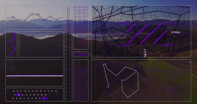 Overlaying interface panels over mountain valley lake, showing graphs, dials, code text and map