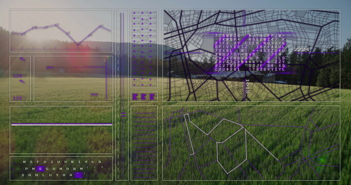 Displaying digital data overlaying grassland, with line chart, map grid and data columns