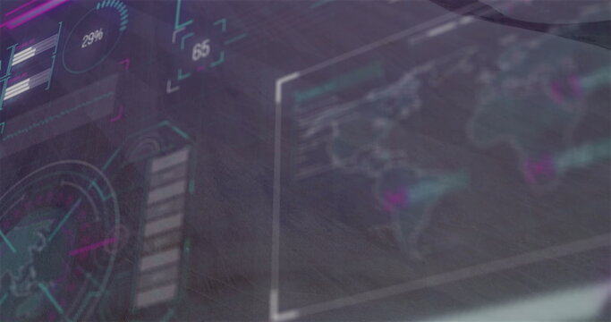 Displaying digital interface in control console, with circular gauge, bar charts, numeric readouts