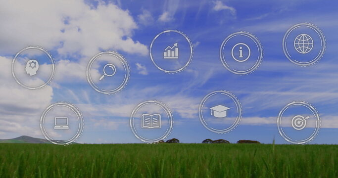 Fototapeta Floating nine outline icons depicting education and analytics hovering above rural crop field, tech